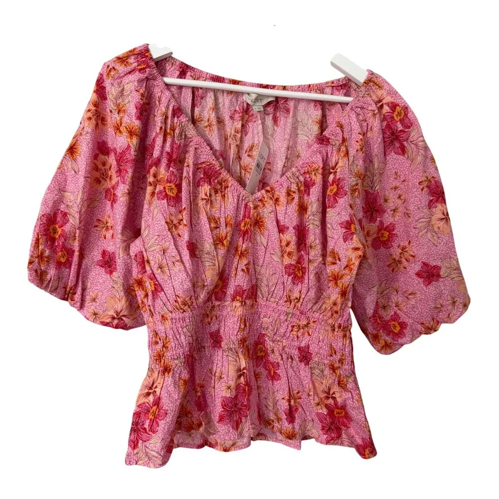 LOFT Pink Floral Smocked Waist Puff Sleeve Blouse Top Medium NWT 37036782